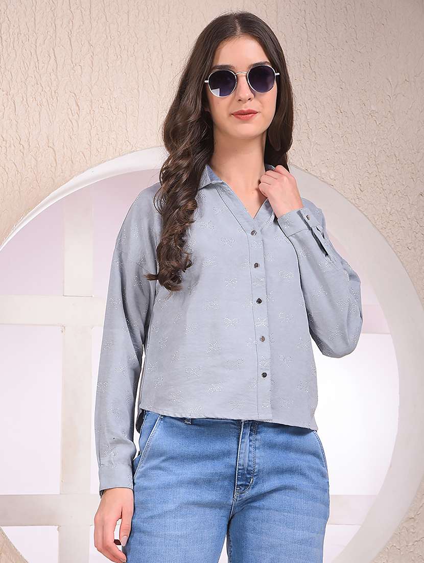 women embellished collared long sleeve shirt