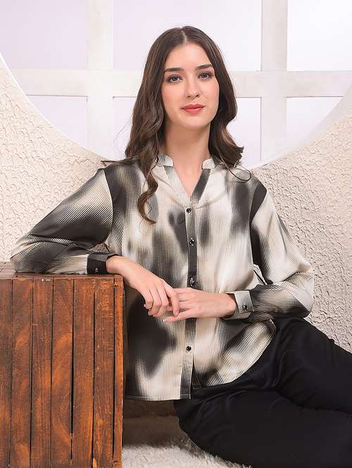 women printed collared long sleeve shirt - 22075384 - Standard Image - 0