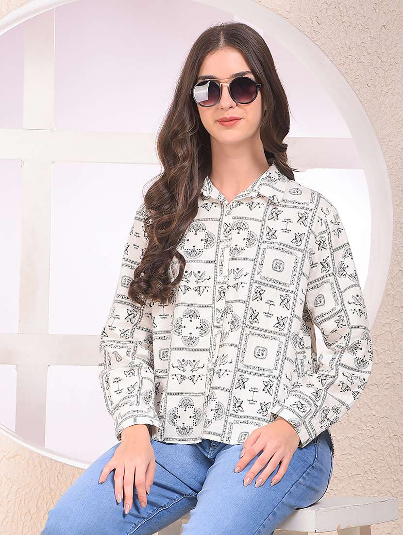 women printed collared long sleeve shirt