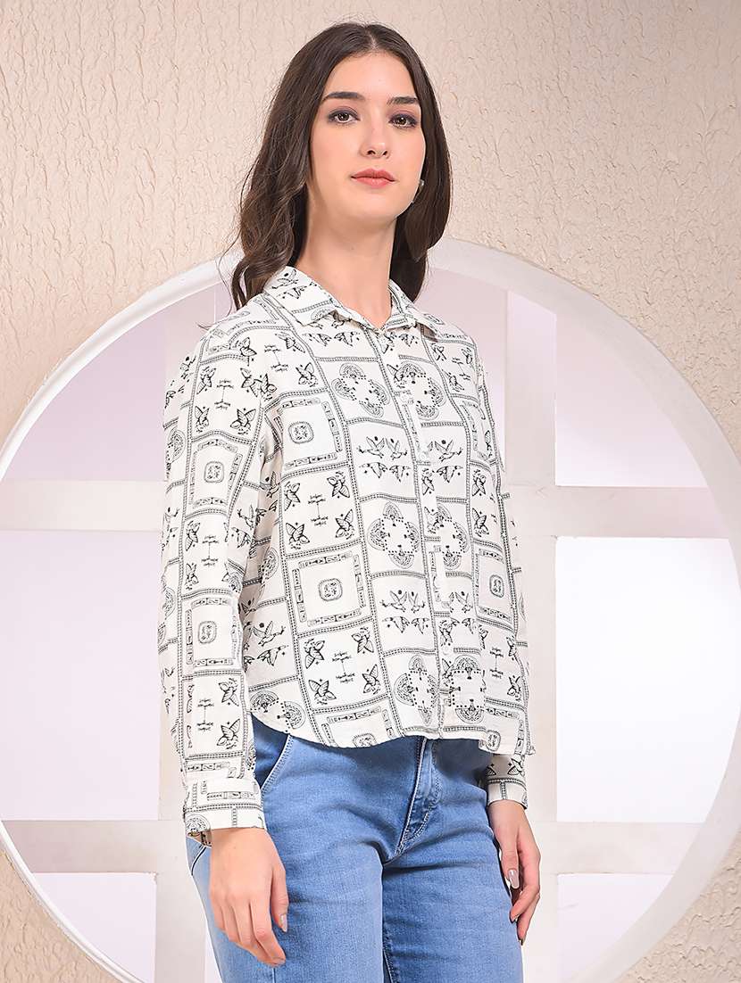 women printed collared long sleeve shirt - 22075387 -  Standard Image - 1