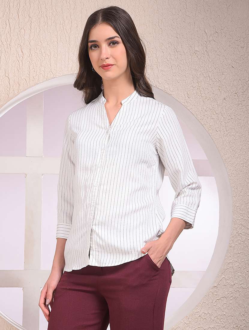 women striped mandarin collar three quarter sleeve shirt - 22075388 - Standard Image - 1