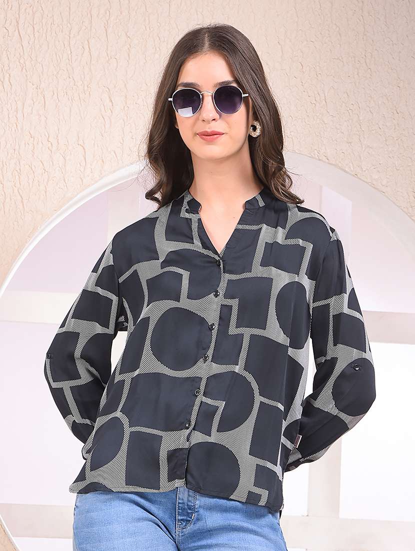 women printed mandarin collar long sleeve shirt