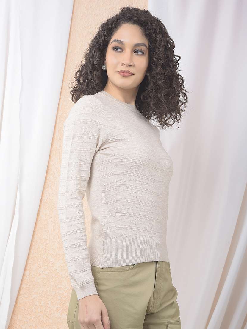 women beige solid long sleeve pullover - 22075397 -  Standard Image - 1