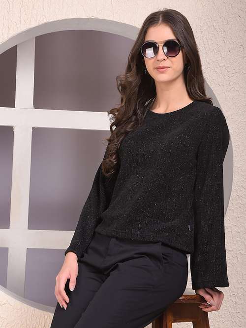 women black self designed long sleeve regular top - 22075434 - Standard Image - 0