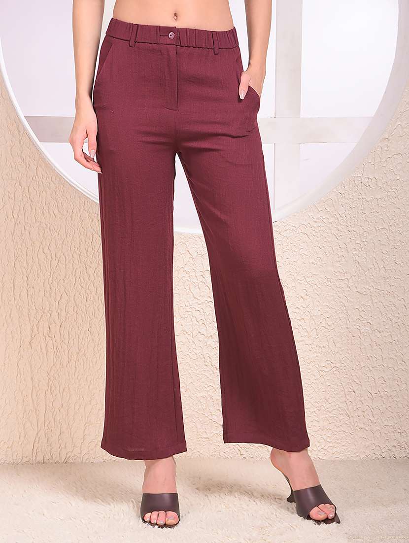 women solid mid rise straight trouser