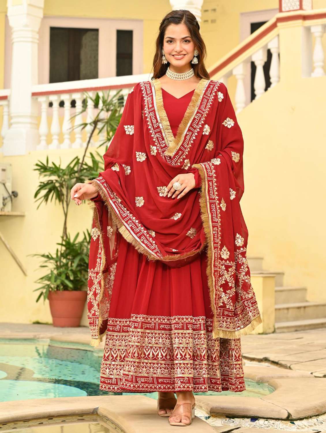 women solid with work long sleeve kurta dupatta set - 22075442 - Standard Image - 1