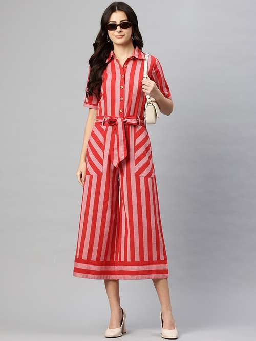 women striped short sleeve collared jumpsuit - 22075464 -  Standard Image - 0