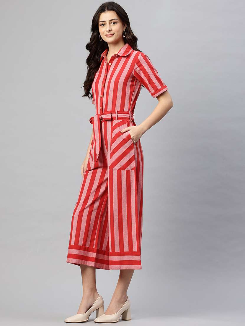women striped short sleeve collared jumpsuit - 22075464 -  Standard Image - 1