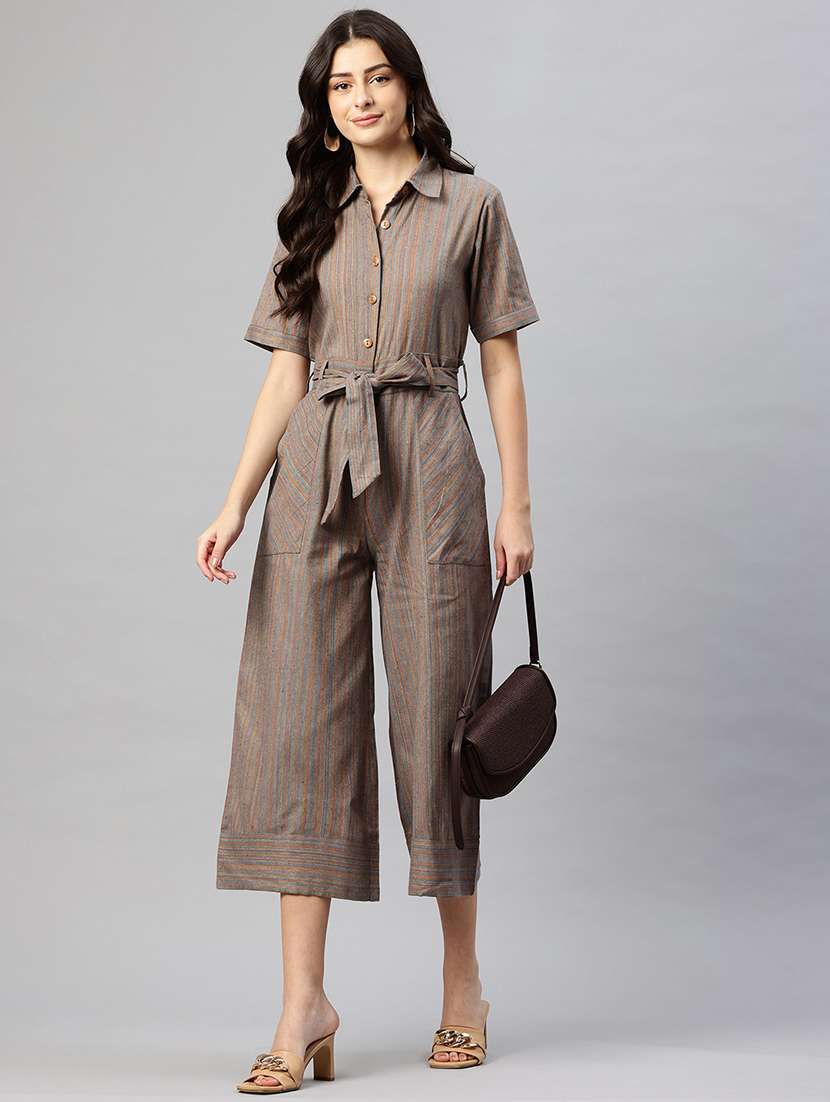 women striped collared short sleeve calf length jumpsuit - 22075467 -  Standard Image - 1