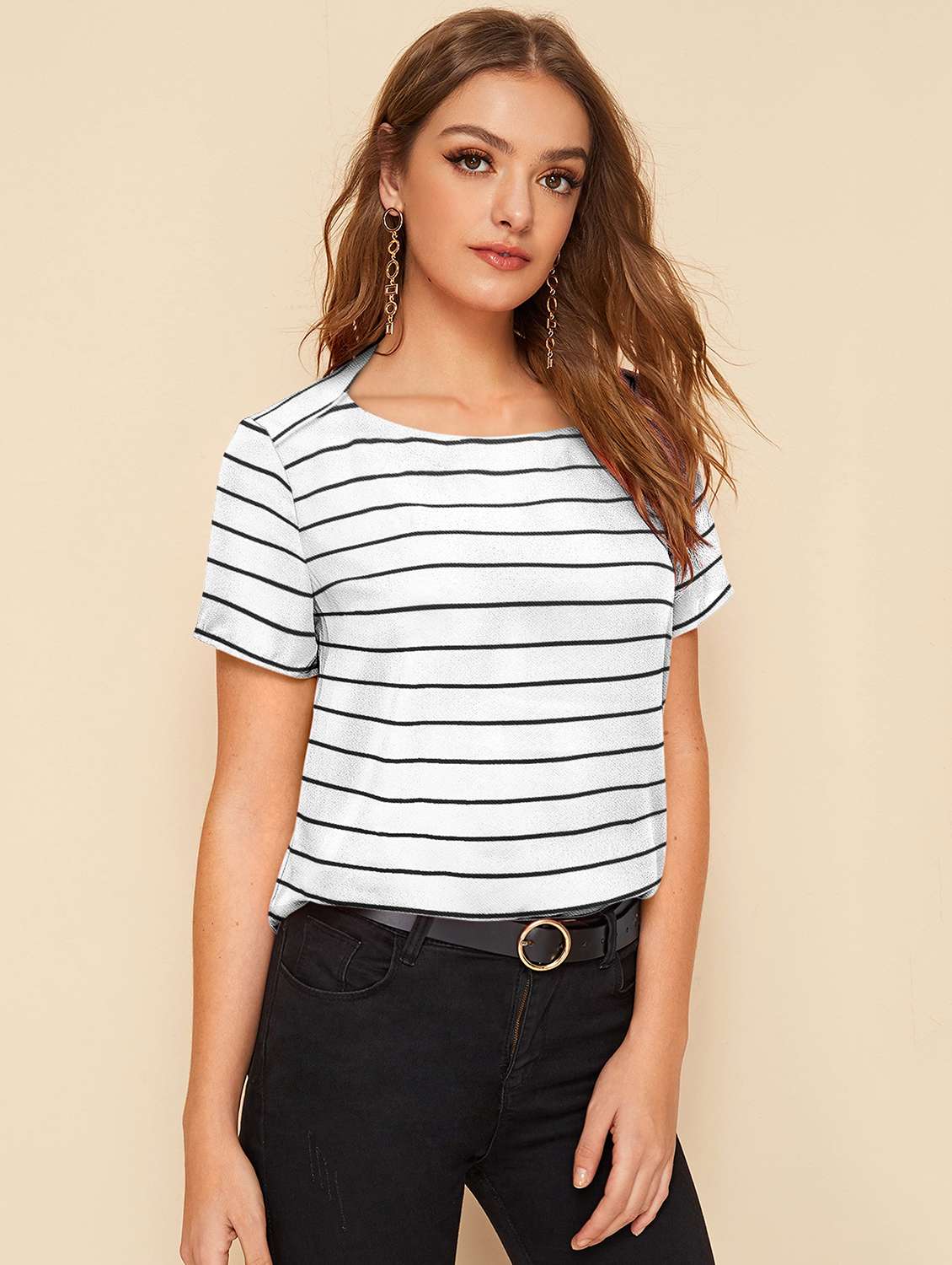 women striped short sleeve regular fit top - 22076094 - Standard Image - 1