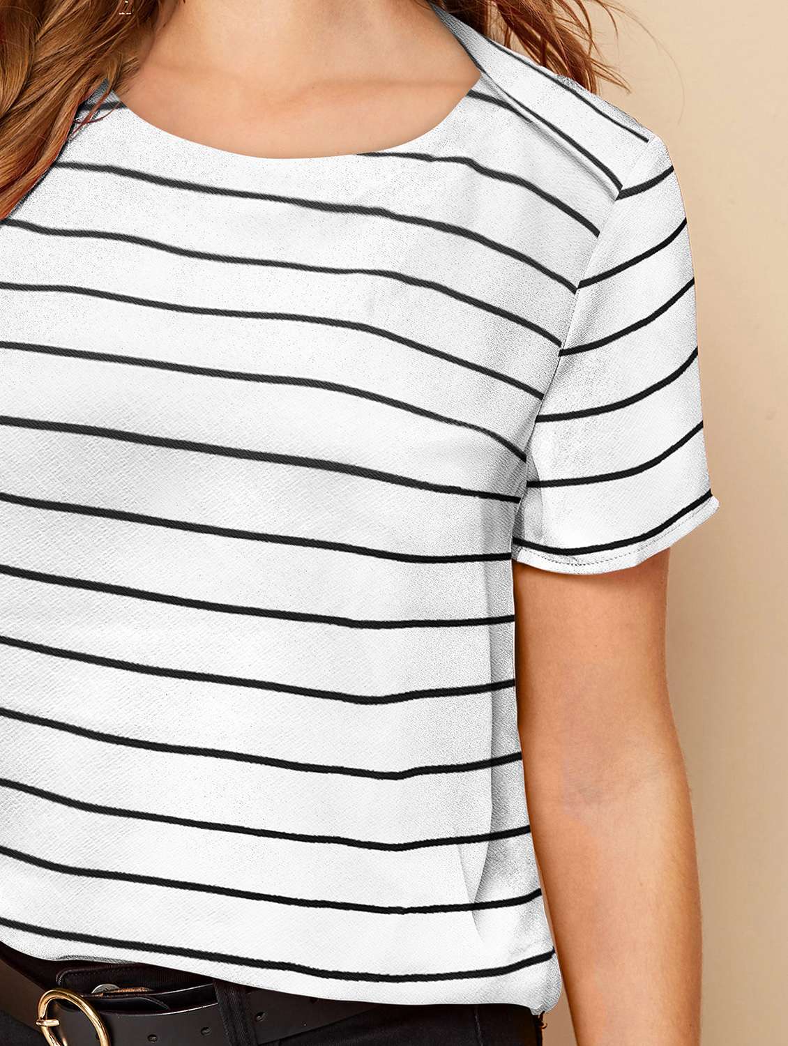 women striped short sleeve regular fit top - 22076094 - Standard Image - 4