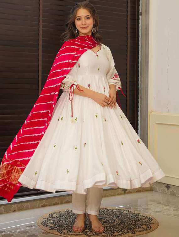 women embroidered three quarter sleeve kurta pant with dupatta set - 22076114 - Standard Image - 1
