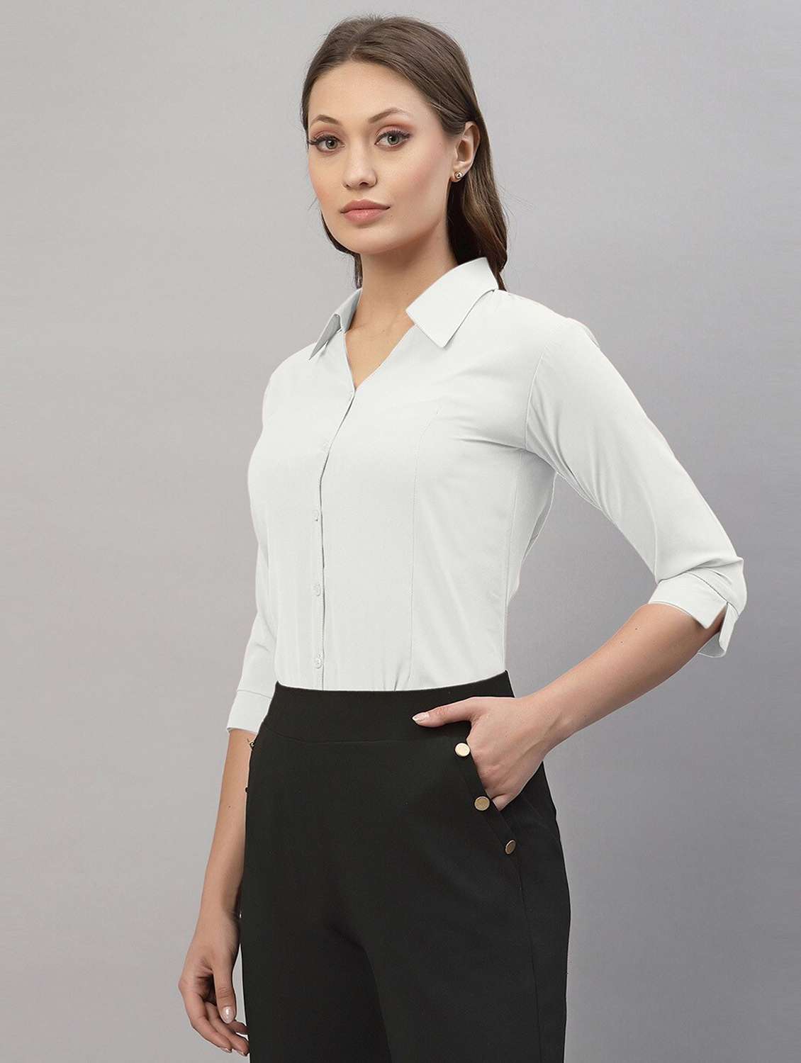women solid three quarter sleeve collared shirt - 22076294 - Standard Image - 1