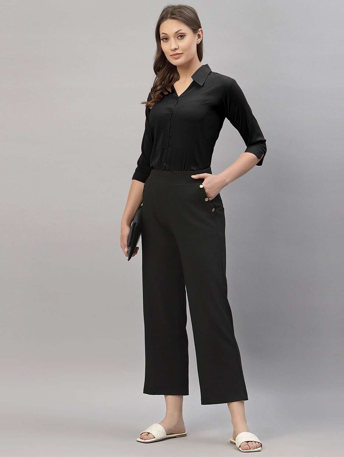 women solid three quarter sleeve collared shirt - 22076295 - Standard Image - 4