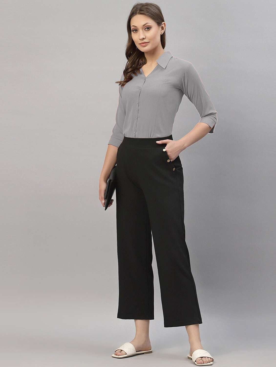 women solid three quarter sleeve collared shirt - 22076297 - Standard Image - 4