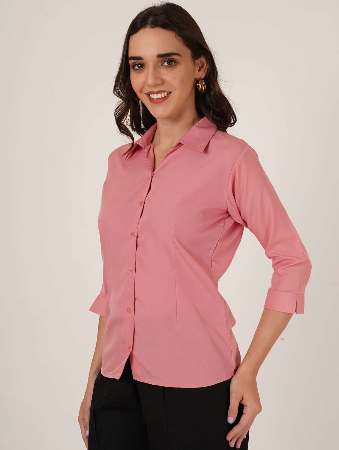women solid three quarter sleeve collared shirt - 22076300 - Standard Image - 1