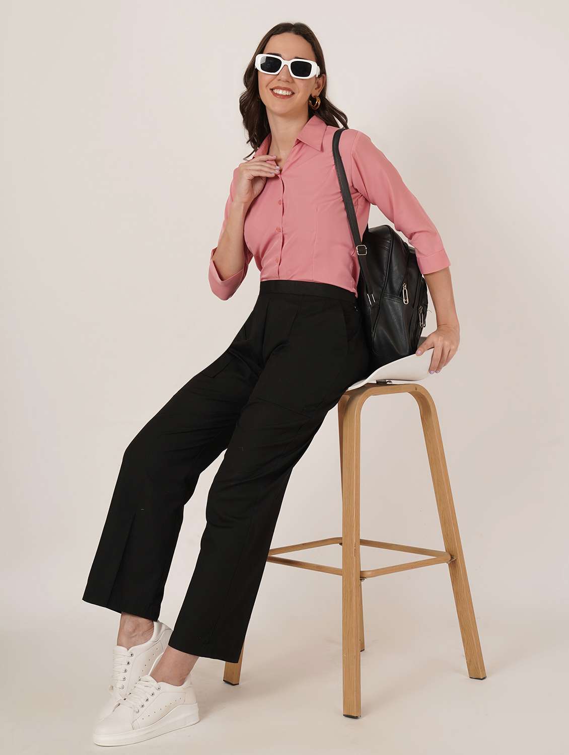 women solid three quarter sleeve collared shirt - 22076300 - Standard Image - 4