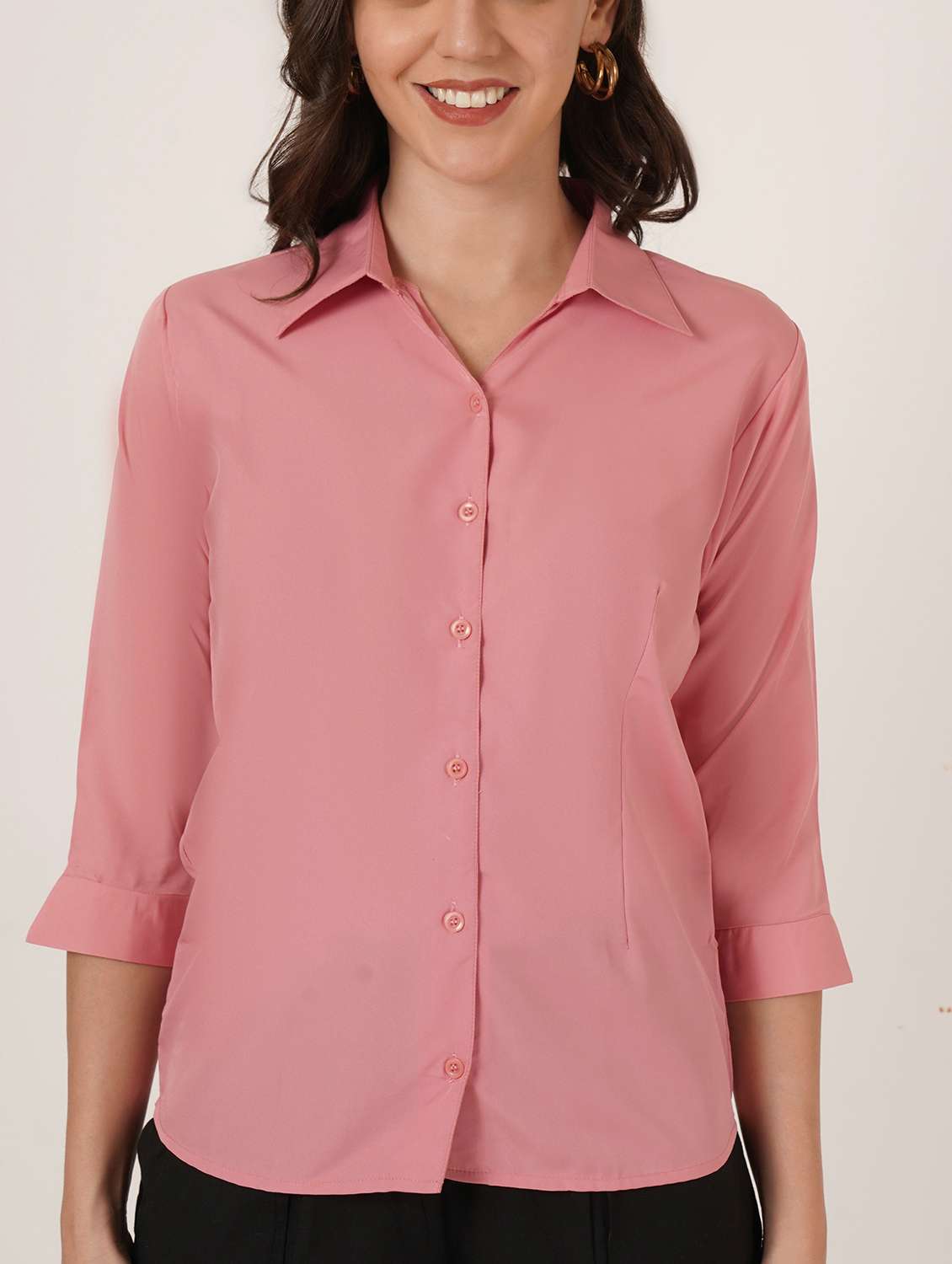 women solid three quarter sleeve collared shirt - 22076300 - Standard Image - 6