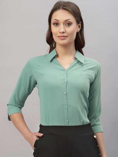 women solid three quarter sleeve collared shirt - 22076344 -  Standard Image - 0