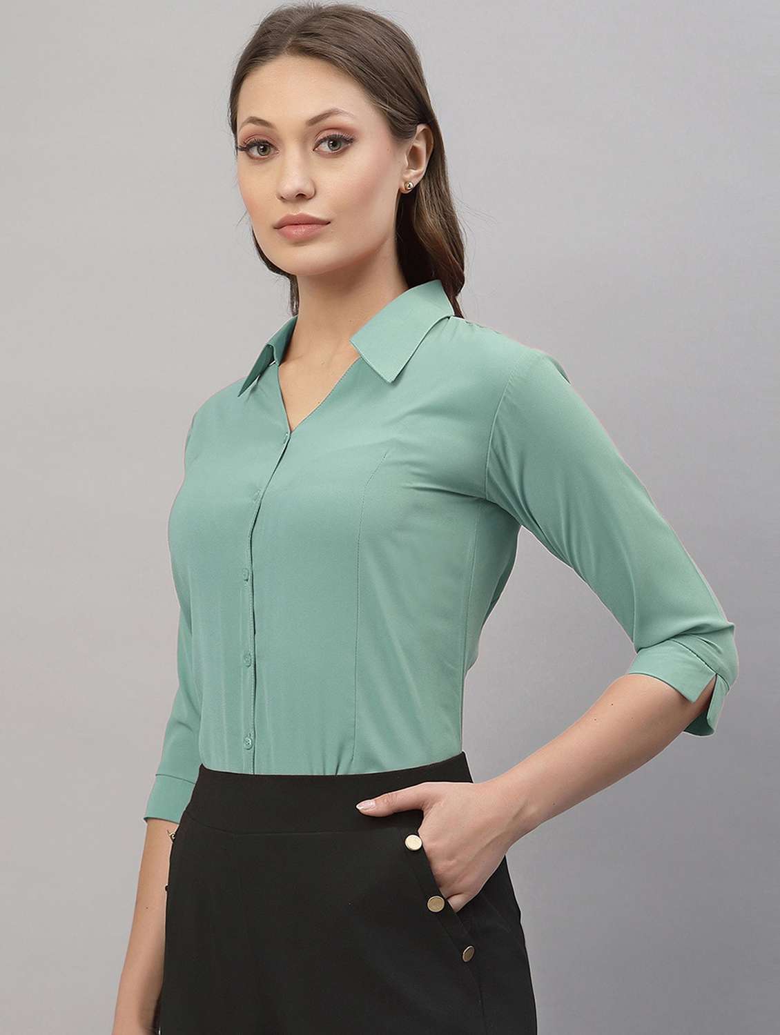 women solid three quarter sleeve collared shirt - 22076344 -  Standard Image - 1