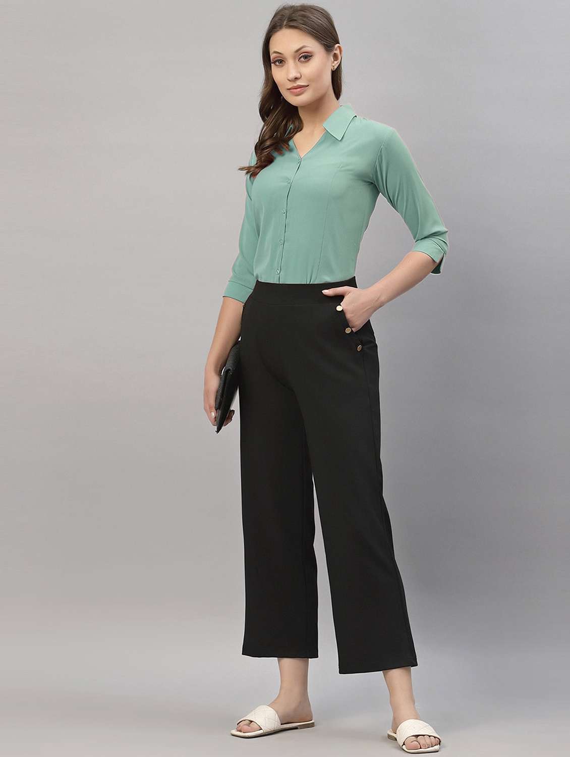 women solid three quarter sleeve collared shirt - 22076344 - Standard Image - 4