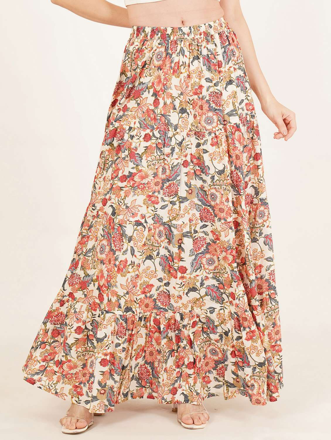 women printed mid rise tiered maxi skirt