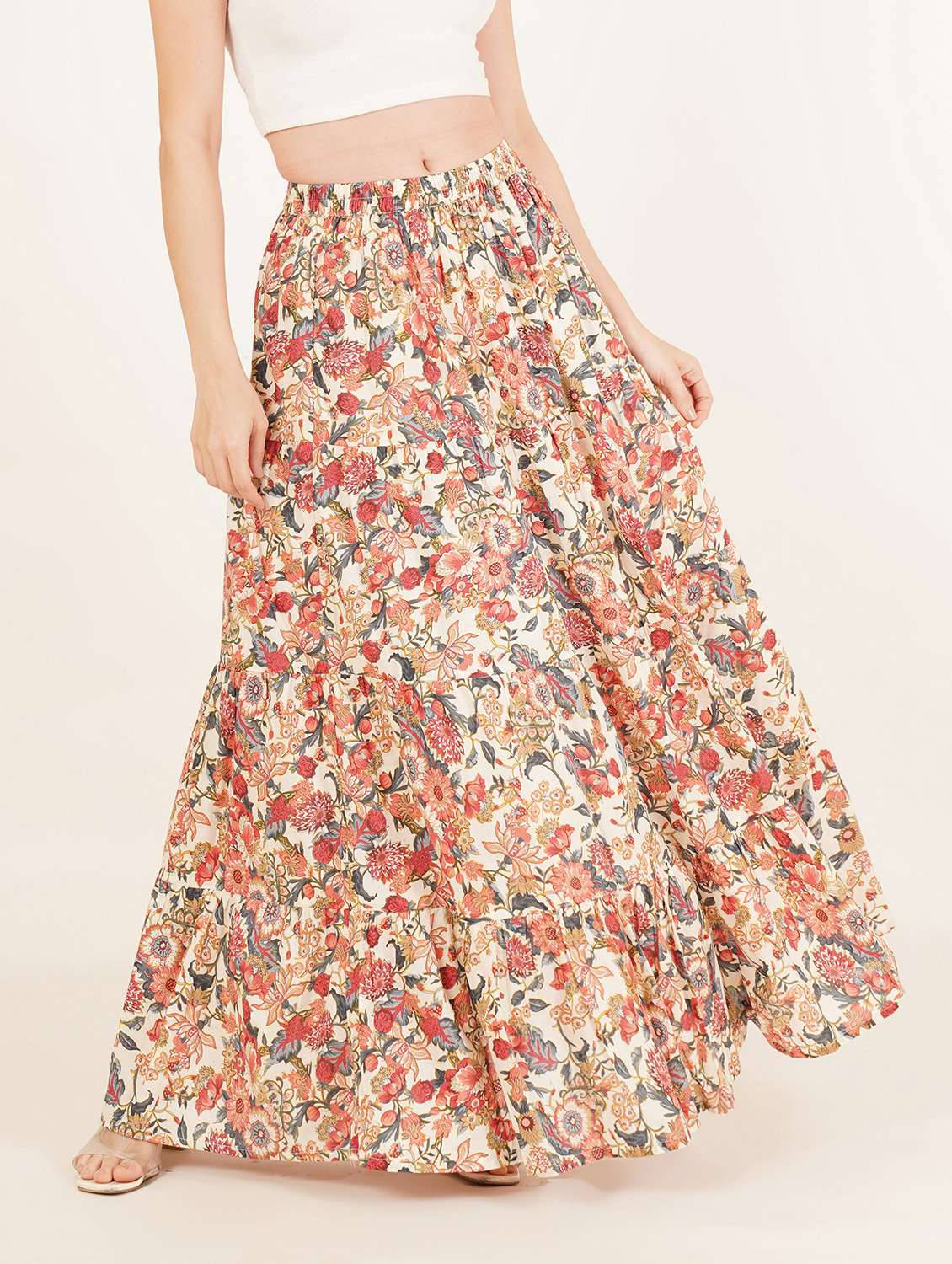 women printed mid rise tiered maxi skirt - 22076351 -  Standard Image - 1