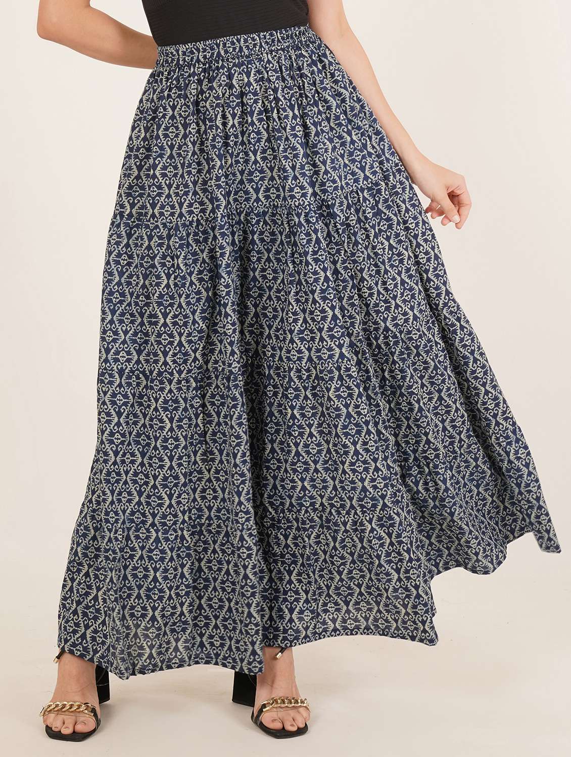 women printed high rise tiered maxi skirt