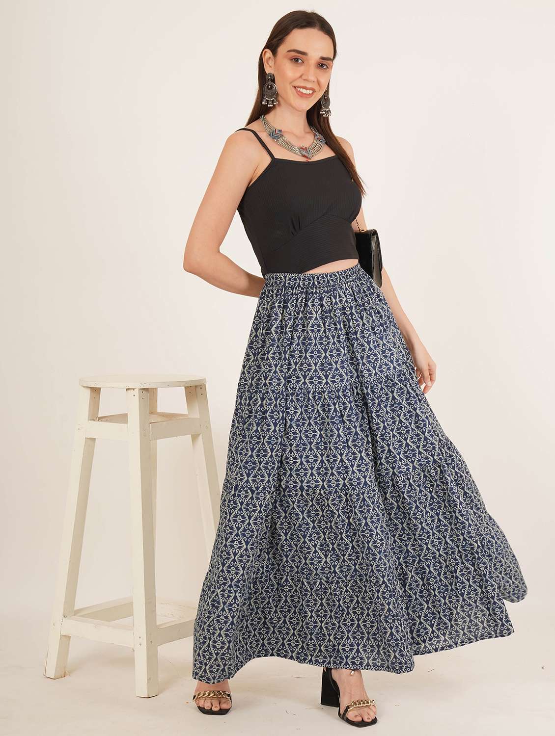 women printed high rise tiered maxi skirt - 22076353 - Standard Image - 4