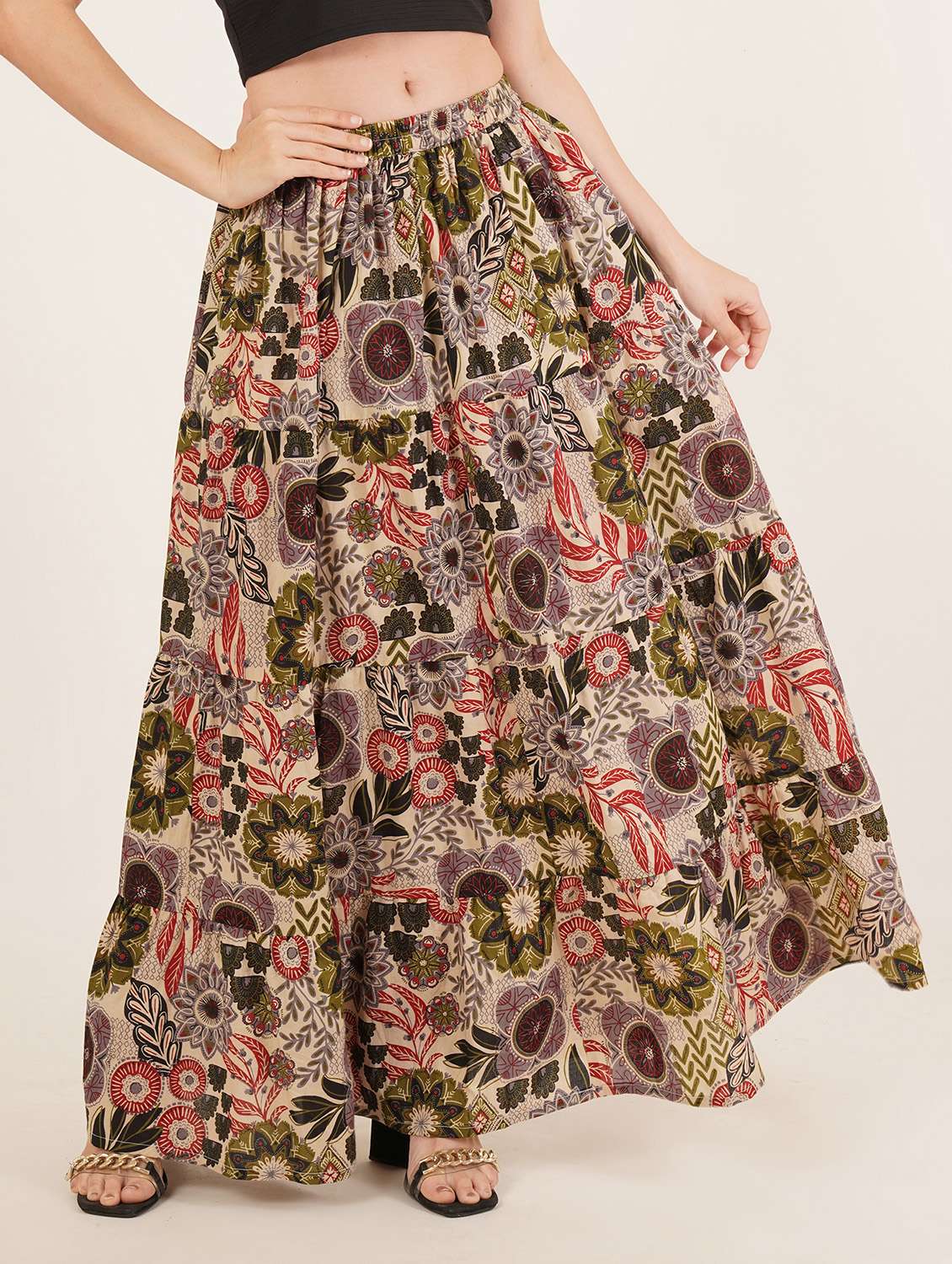 women printed high rise tiered maxi skirt - 22076354 -  Standard Image - 1