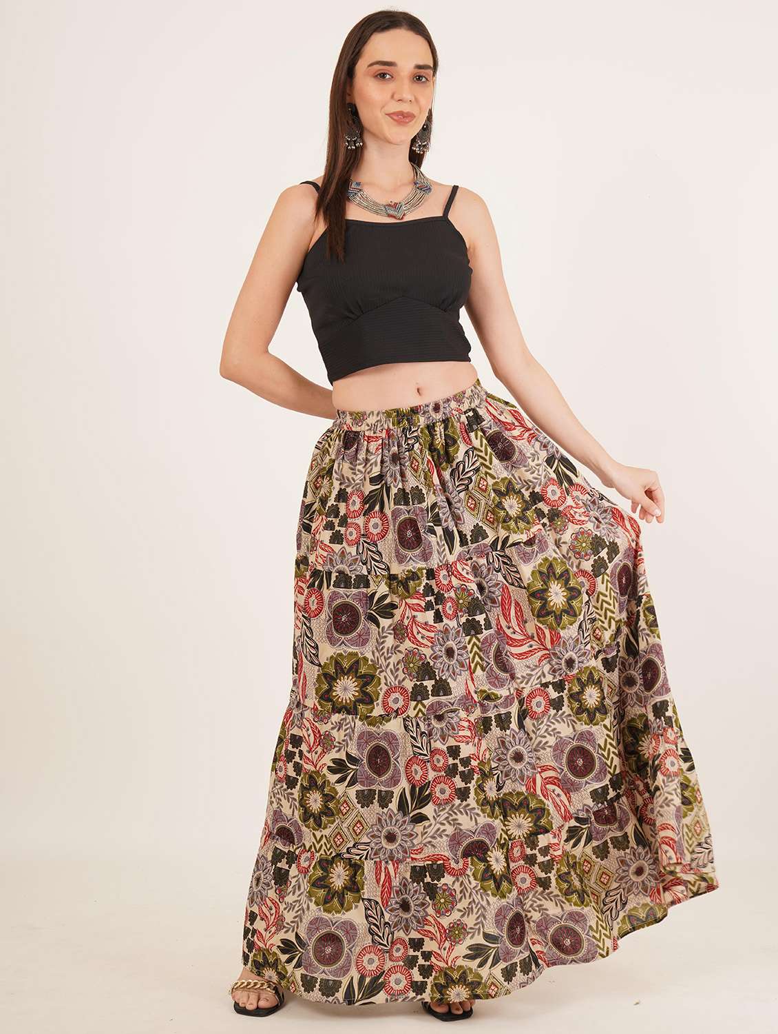 women printed high rise tiered maxi skirt - 22076354 - Standard Image - 4