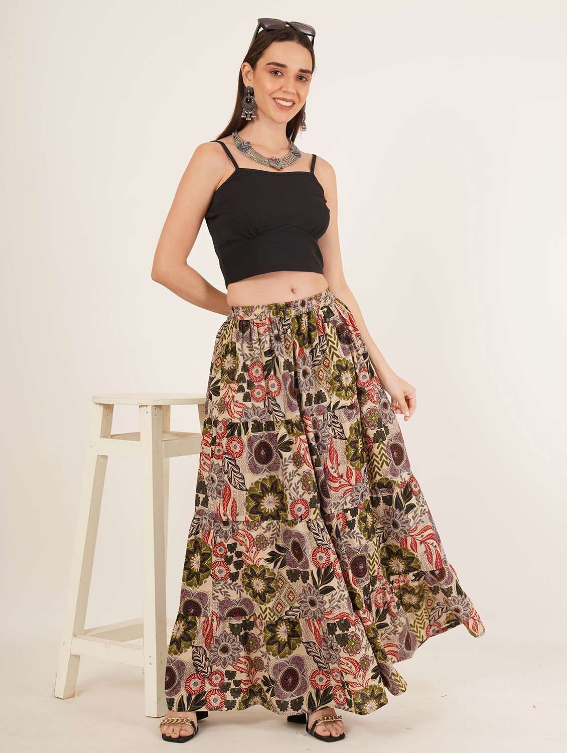 women printed high rise tiered maxi skirt - 22076354 - Standard Image - 6