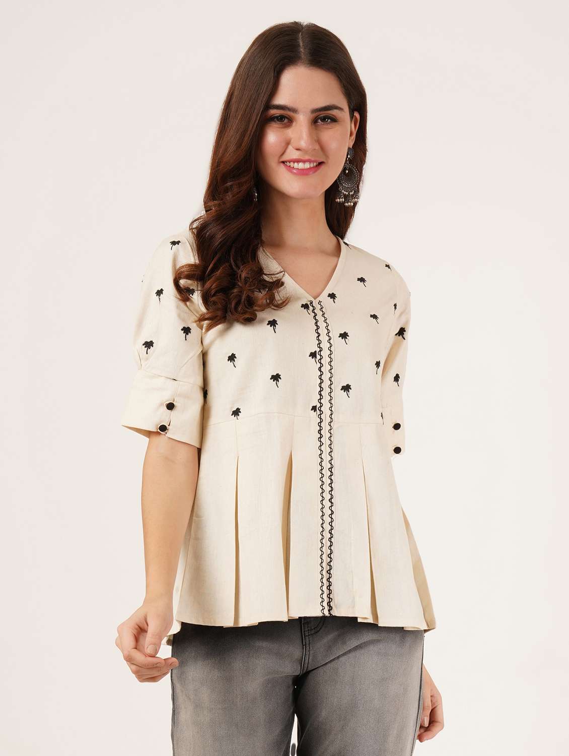 women embroidered puff sleeve a-line top