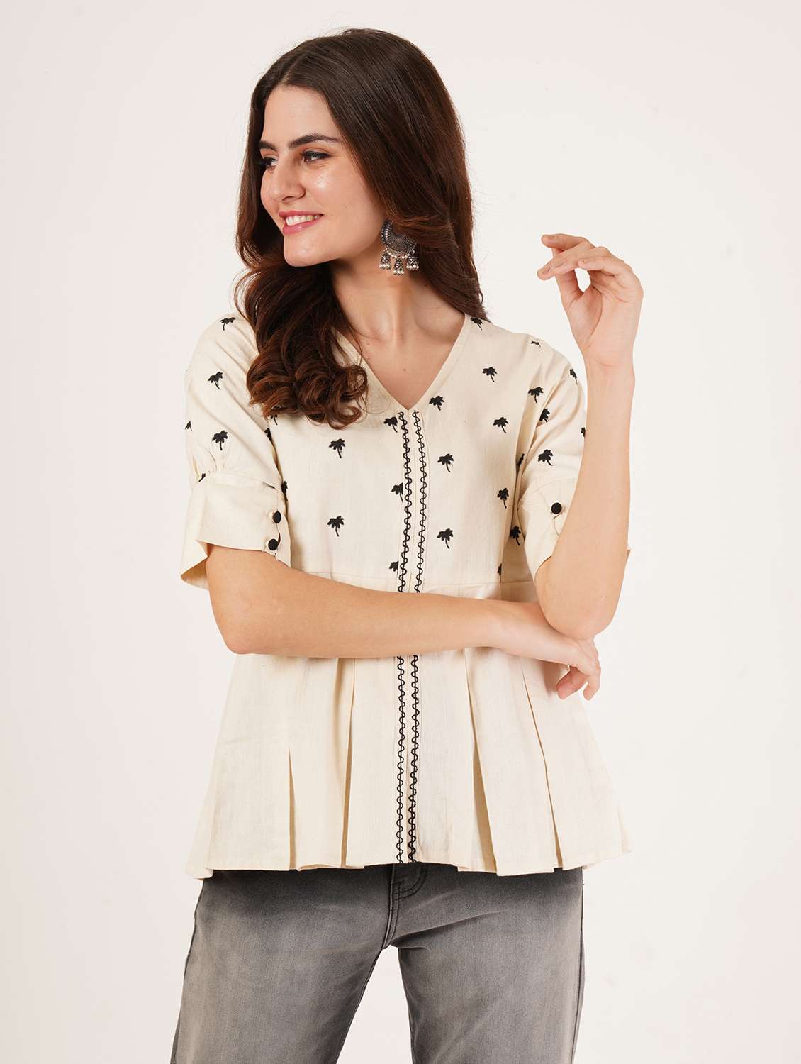 women embroidered puff sleeve a-line top - 22076356 -  Standard Image - 1