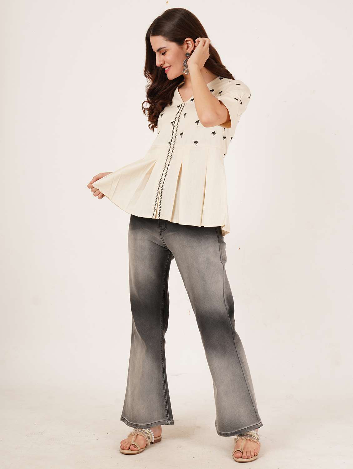 women embroidered puff sleeve a-line top - 22076356 - Standard Image - 4