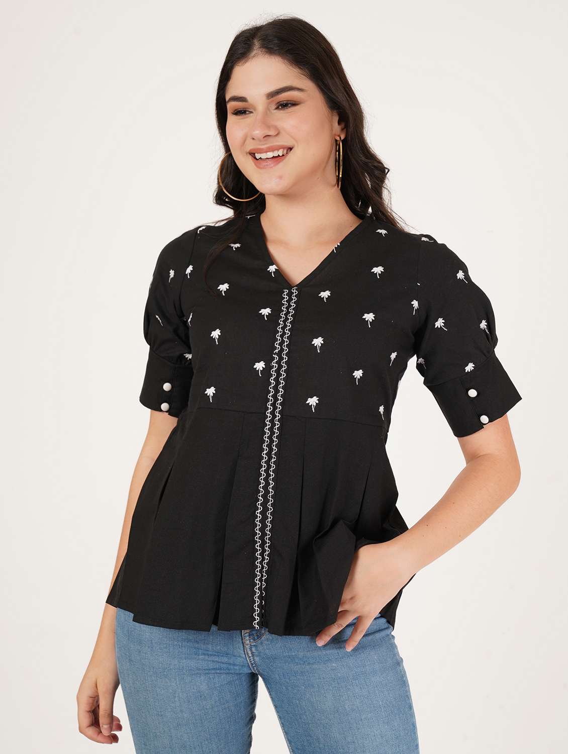 women embroidered puff sleeve peplum top - 22076357 - Standard Image - 1