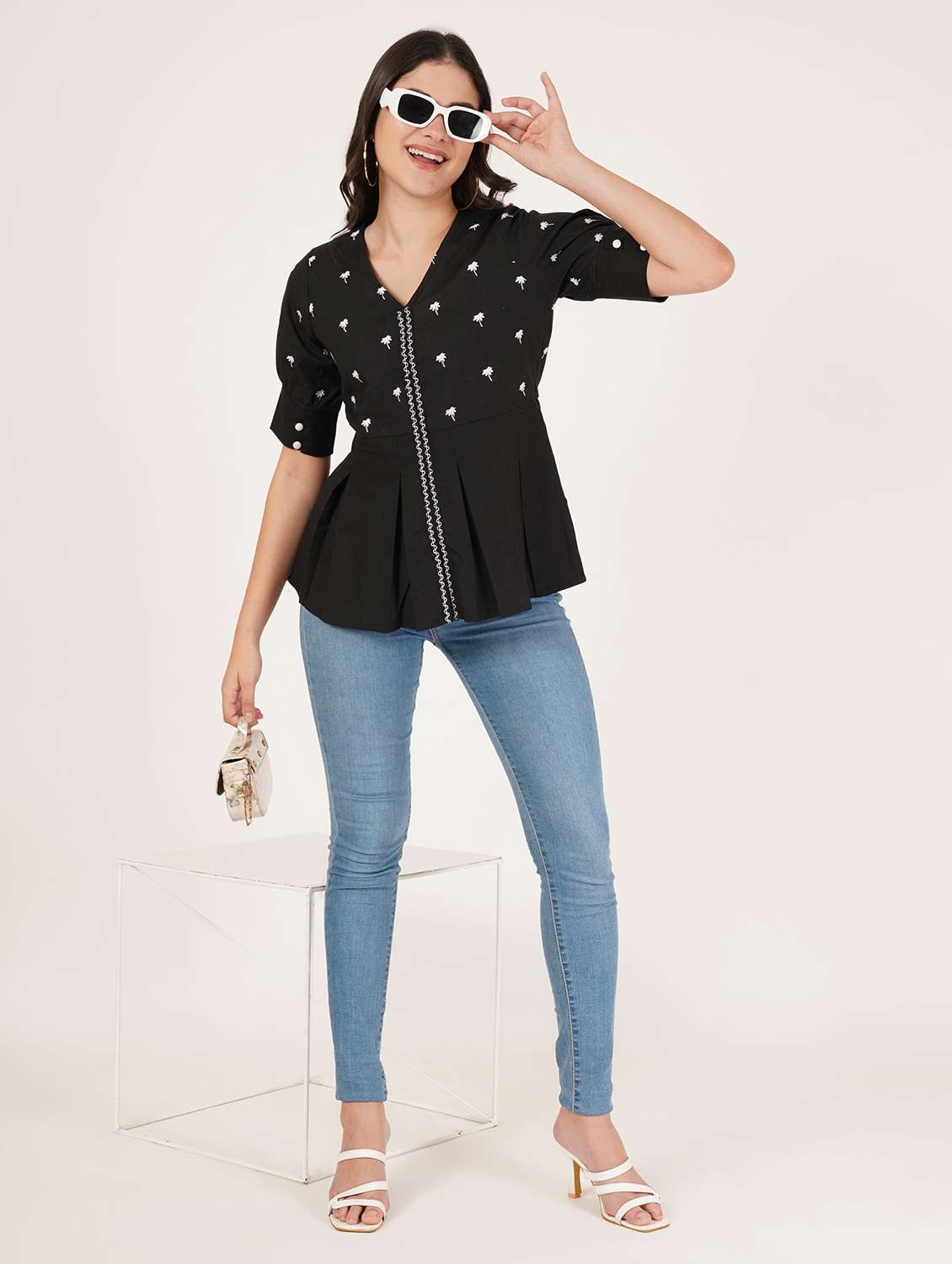 women embroidered puff sleeve peplum top - 22076357 - Standard Image - 4