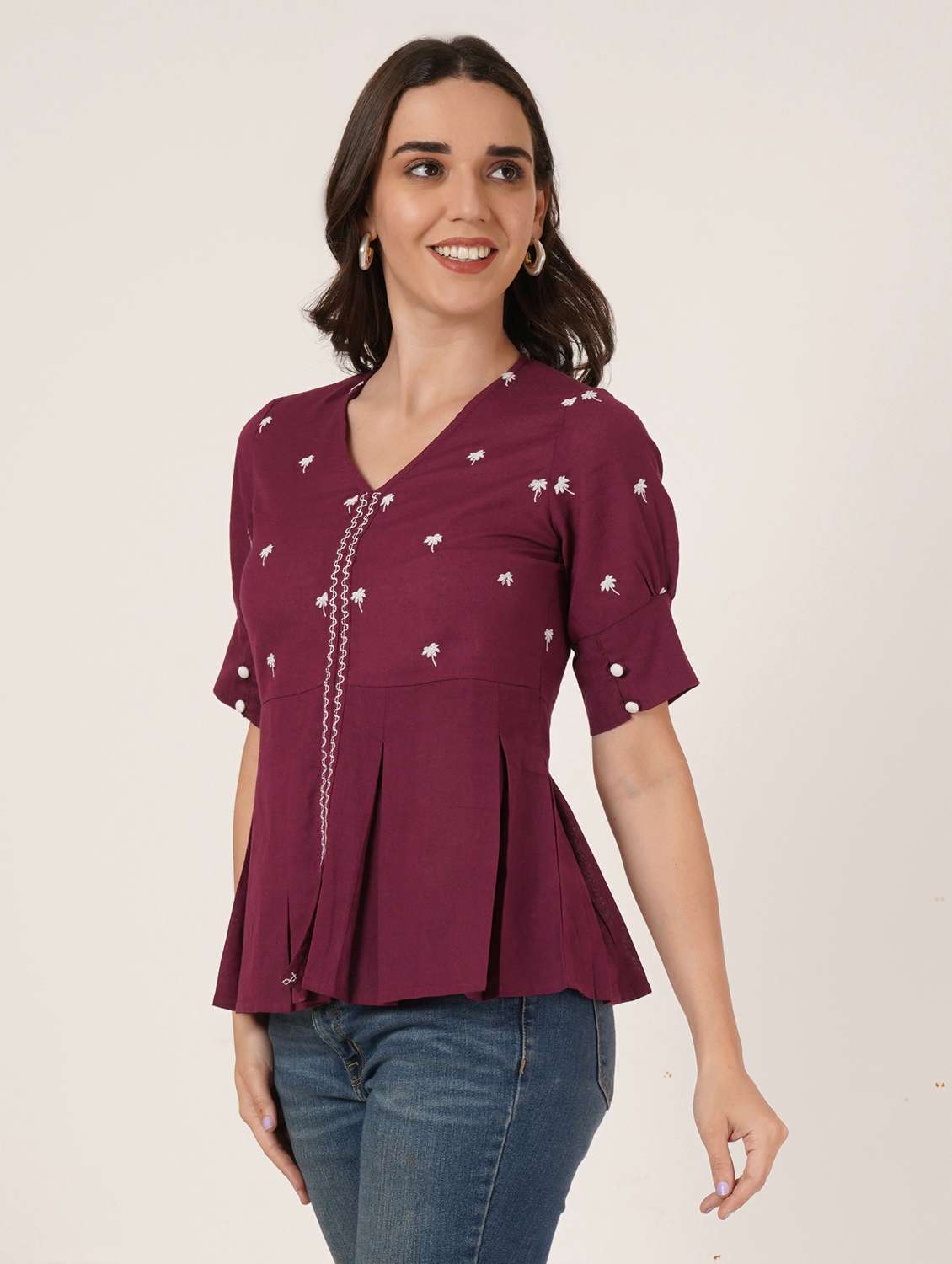 women embroidered puff sleeve peplum top - 22076358 - Standard Image - 1