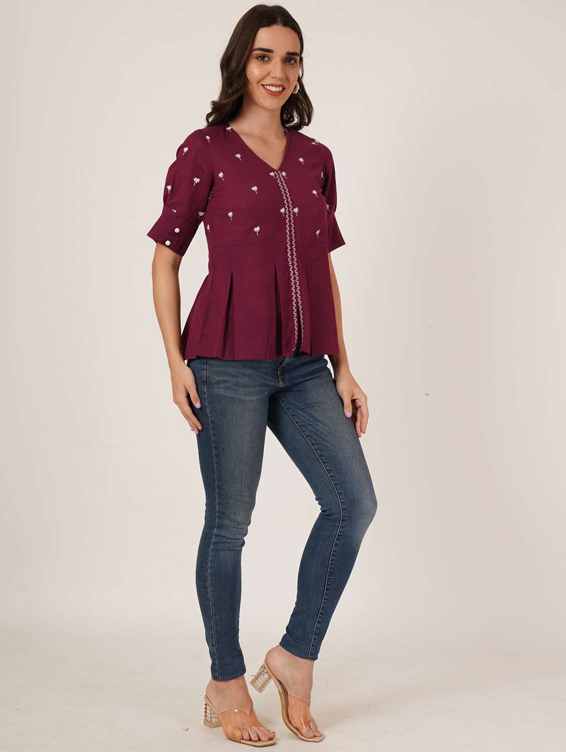 women embroidered puff sleeve peplum top - 22076358 - Standard Image - 4