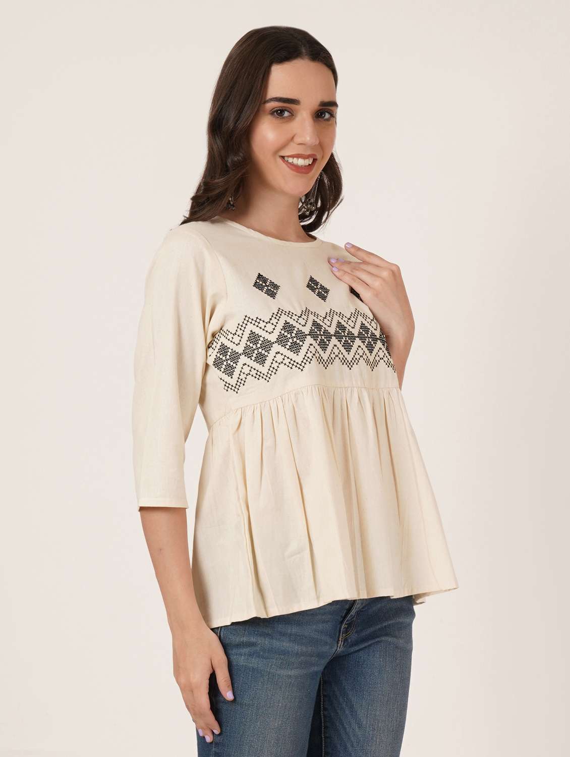 women self designed three quartre sleeve top - 22076360 - Standard Image - 1