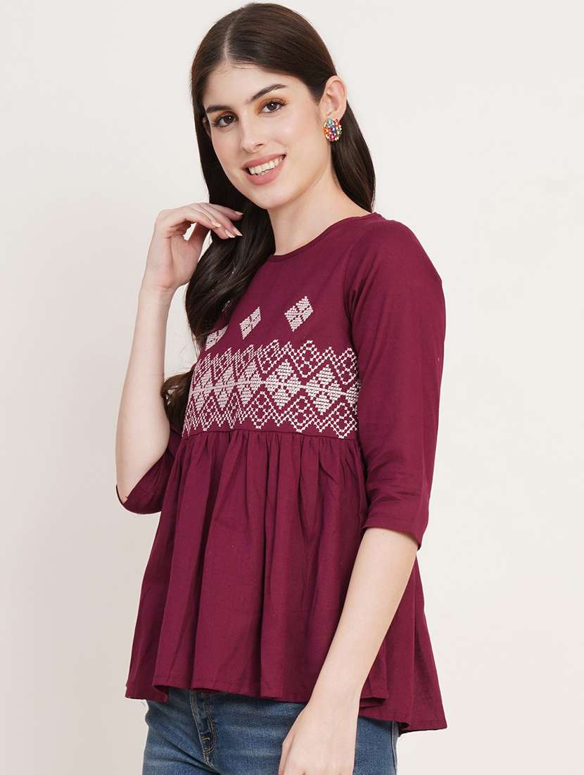 wome embroidered three quarter sleeve peplum top - 22076361 -  Standard Image - 1