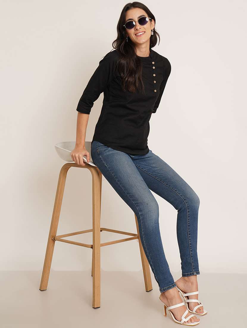 women solid three quarter sleeve regular top - 22076363 - Standard Image - 4