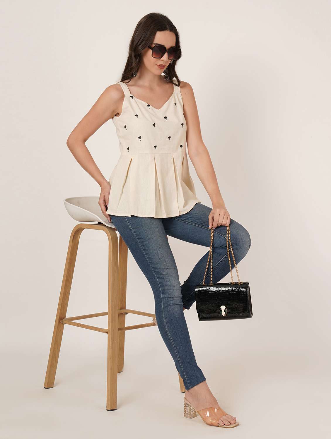 women embroidered shoulder strap peplum top - 22076368 - Standard Image - 6