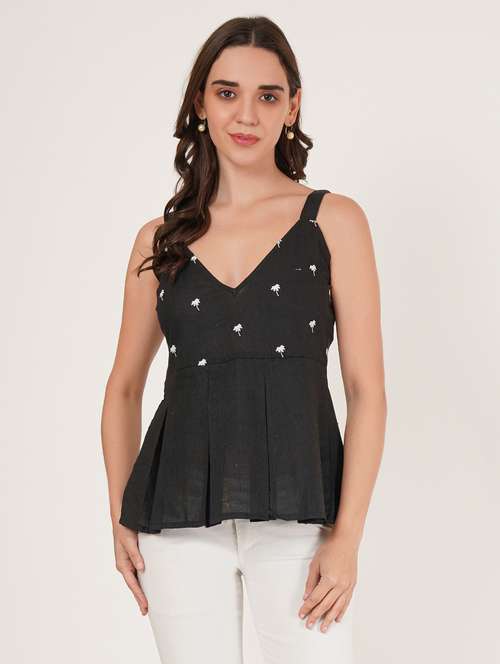 women embroidered shoulder strap peplum top - 22076369 - Standard Image - 0