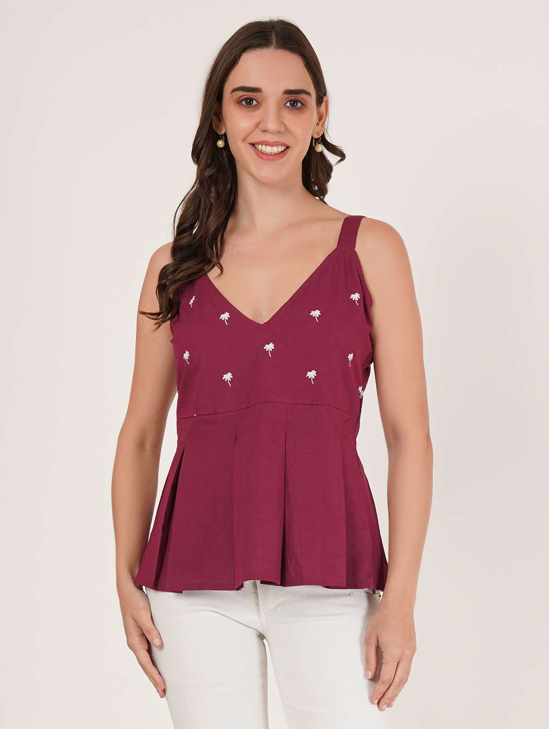 women embroidered shoulder strap peplum top