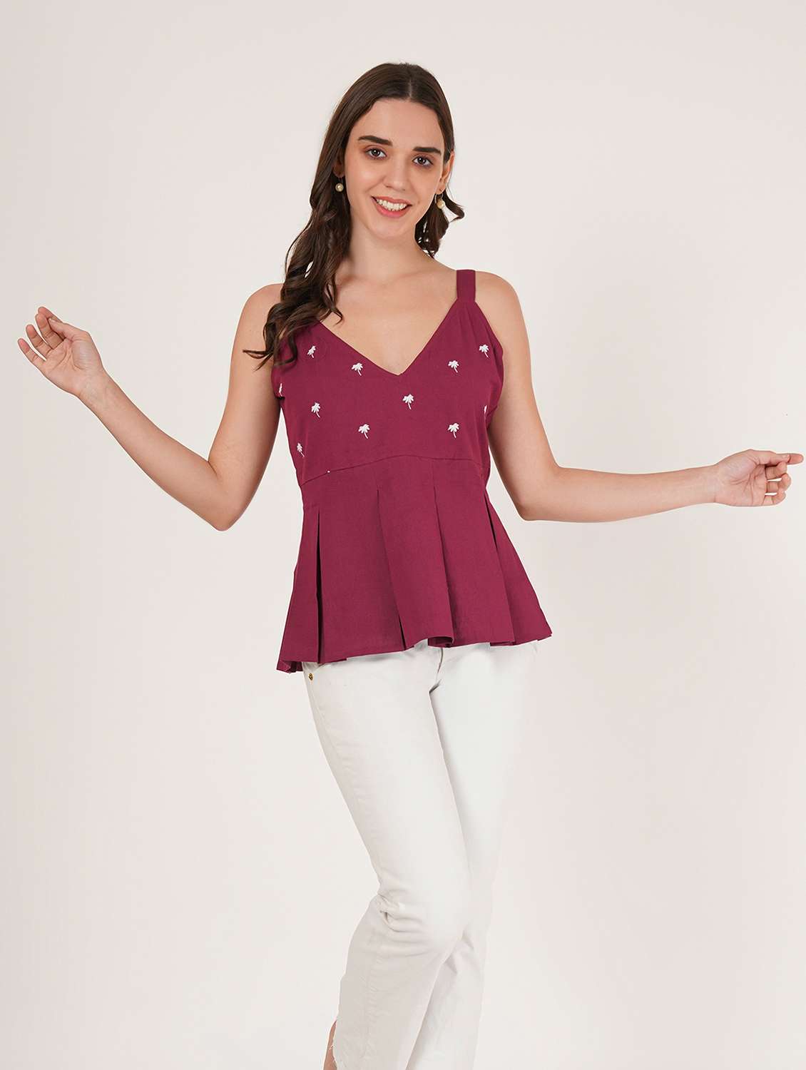 women embroidered shoulder strap peplum top - 22076370 - Standard Image - 4