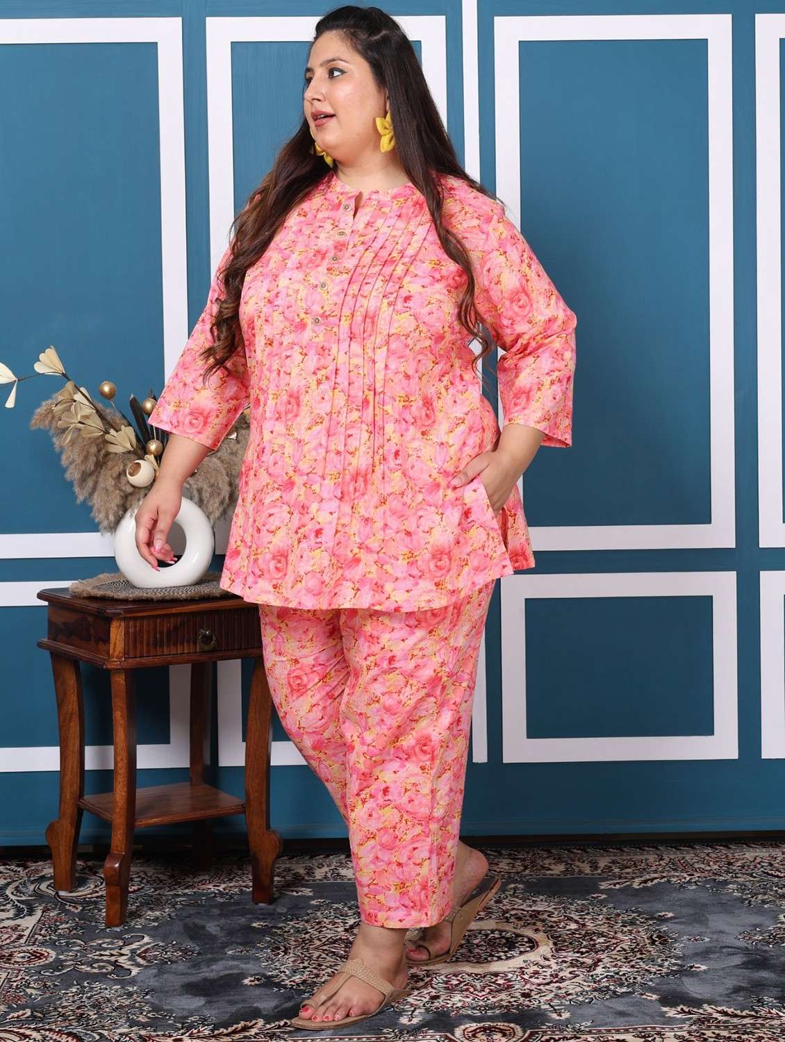 women three quarter sleeve plus size ethnic co-ord set - 22076441 -  Standard Image - 1