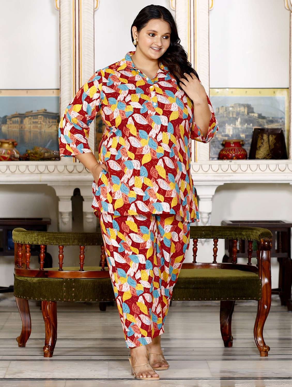 women three quarter sleeve plus size ethnic co-ord set - 22076443 -  Standard Image - 1