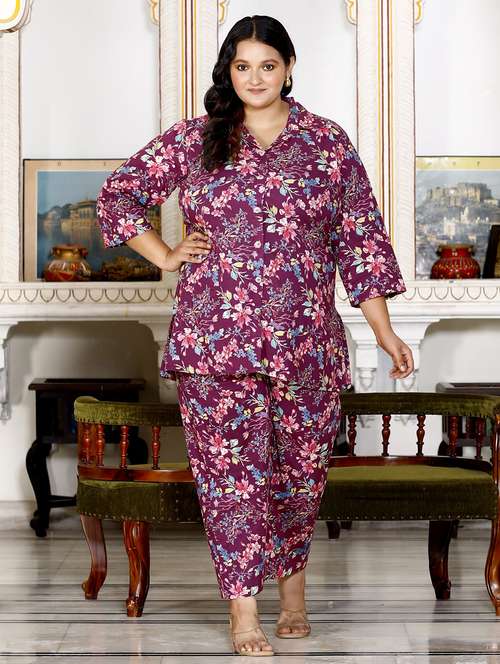 women three quarter sleeve plus size ethnic co-ord set - 22076444 -  Standard Image - 0