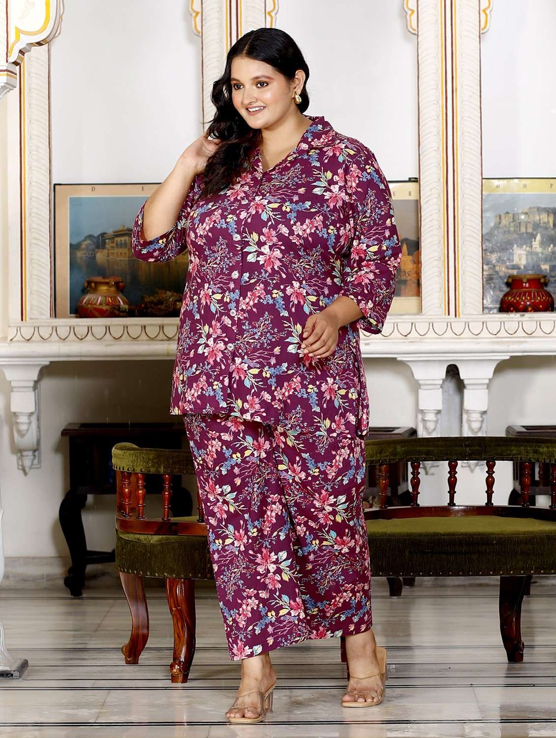 women three quarter sleeve plus size ethnic co-ord set - 22076444 -  Standard Image - 1